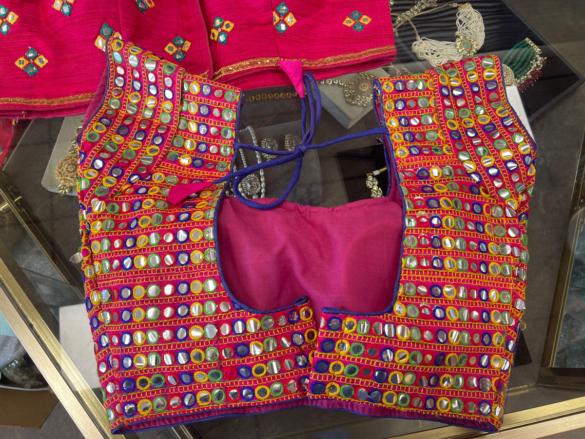 Pink Multicolor Mirror-Detail Sleeveless Blouse - Saree Blouse - South Asian Bridal & Groom Outfit Inspiration | Zubis Collection Frisco Showroom