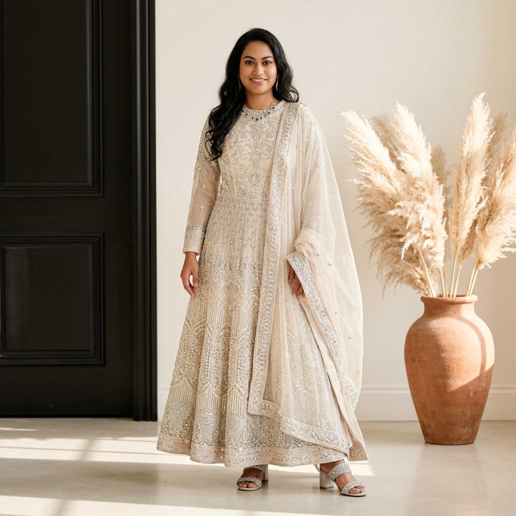 Ivory Embellished Long Sleeve Gown - Gown - South Asian Bridal & Groom Outfit Inspiration | Zubis Collection Frisco Showroom