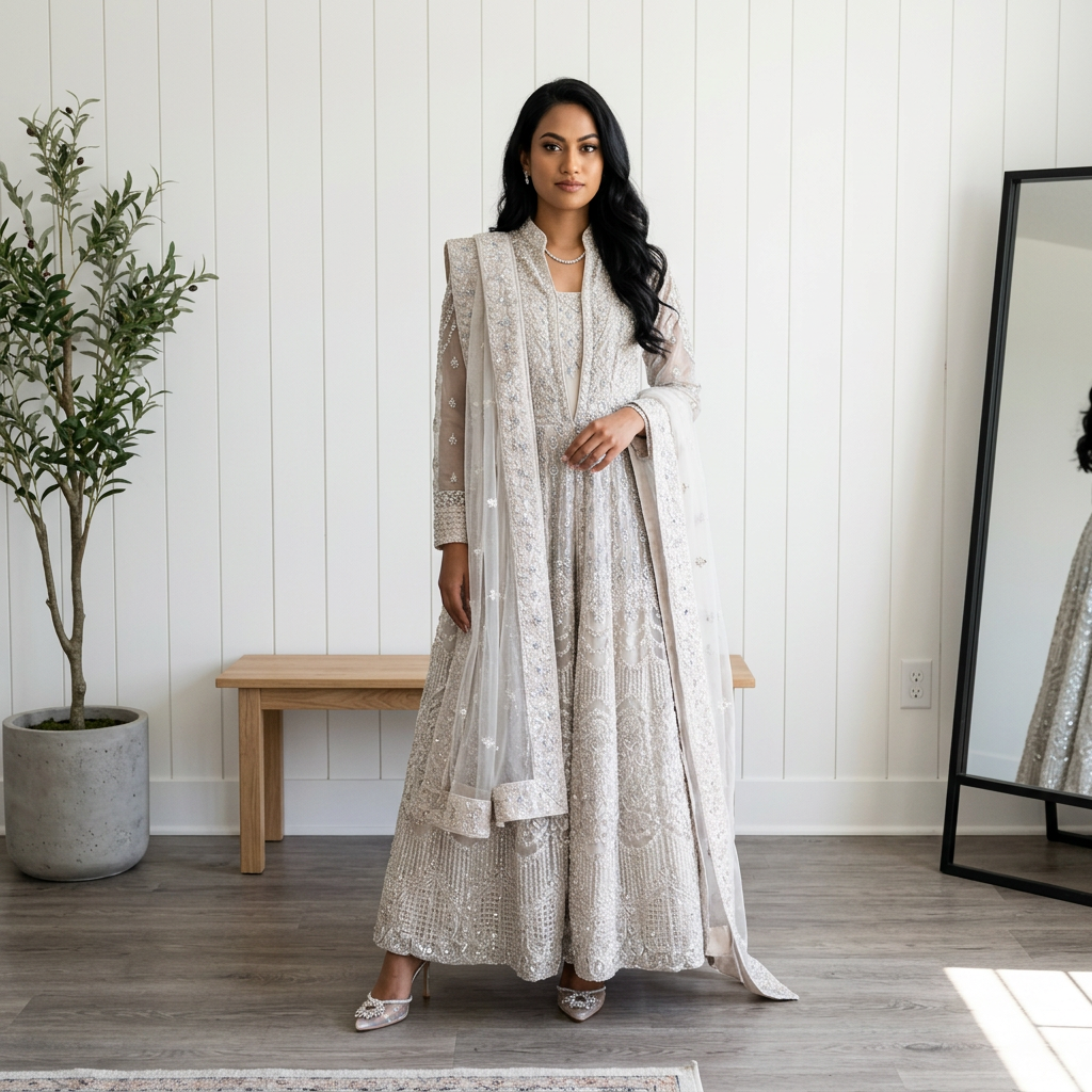 Silver Grey Embellished Gown - Gown - South Asian Bridal & Groom Outfit Inspiration | Zubis Collection Frisco Showroom