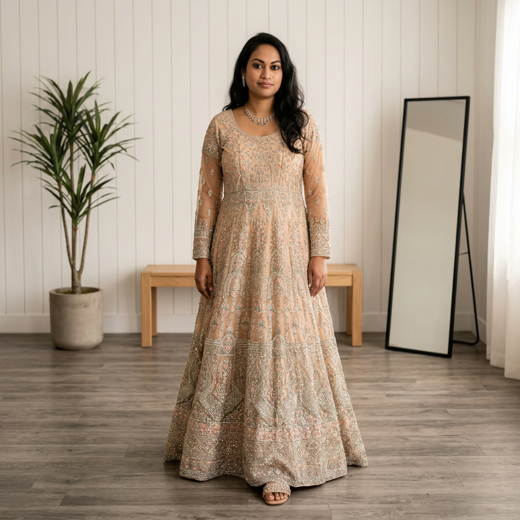 Champagne Embellished Long Sleeve Gown - Gown - South Asian Bridal & Groom Outfit Inspiration | Zubis Collection Frisco Showroom