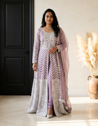 Lavender Patterned Dress with Front Opening - View Angle 1 - Bridal Outfit Inspiration | Zubis Collection