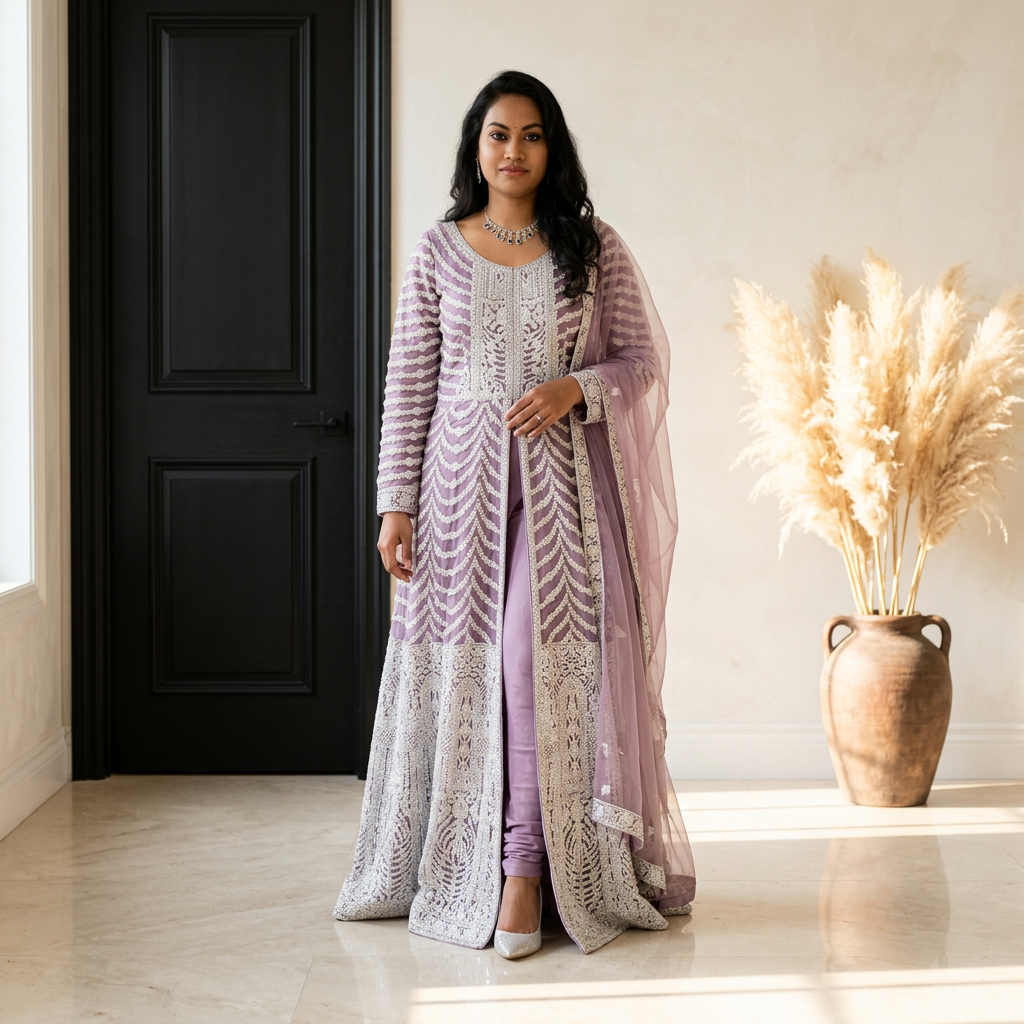 Lavender Patterned Dress with Front Opening - Dress - South Asian Bridal & Groom Outfit Inspiration | Zubis Collection Frisco Showroom