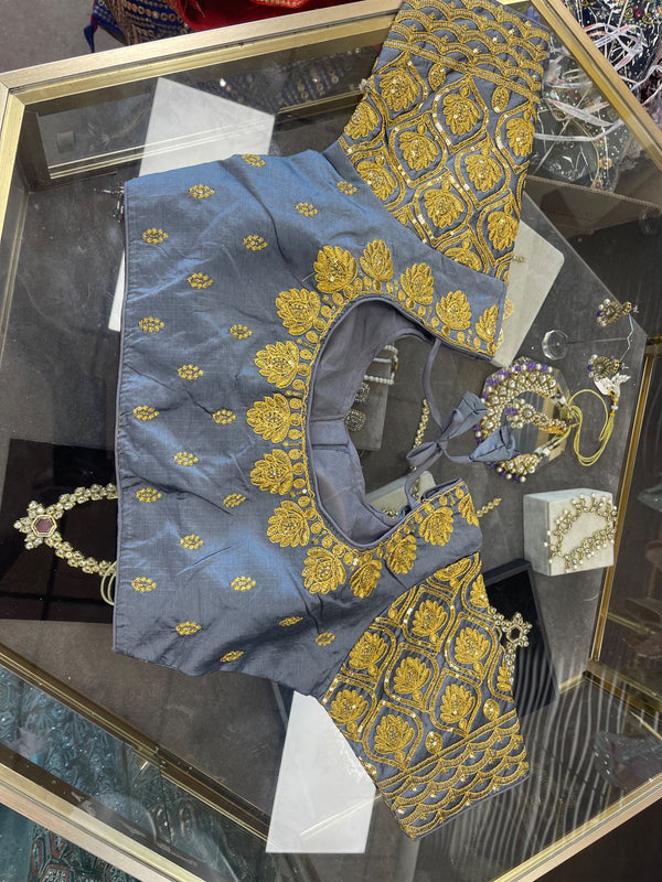 Slate Blue Gold-Tone Floral Blouse - Saree Blouse - Outfit Inspiration & Bridal Styling | Zubis Collection Frisco Showroom