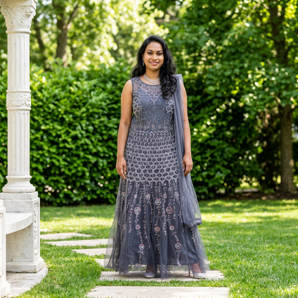 Slate Blue Sleeveless Embellished Gown - Gown - Outfit Inspiration & Bridal Styling | Zubis Collection Frisco Showroom