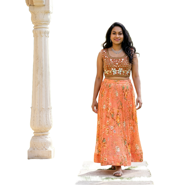 Coral Embellished Two Piece Outfit - Saree - Outfit Inspiration & Bridal Styling | Zubis Collection Frisco Showroom