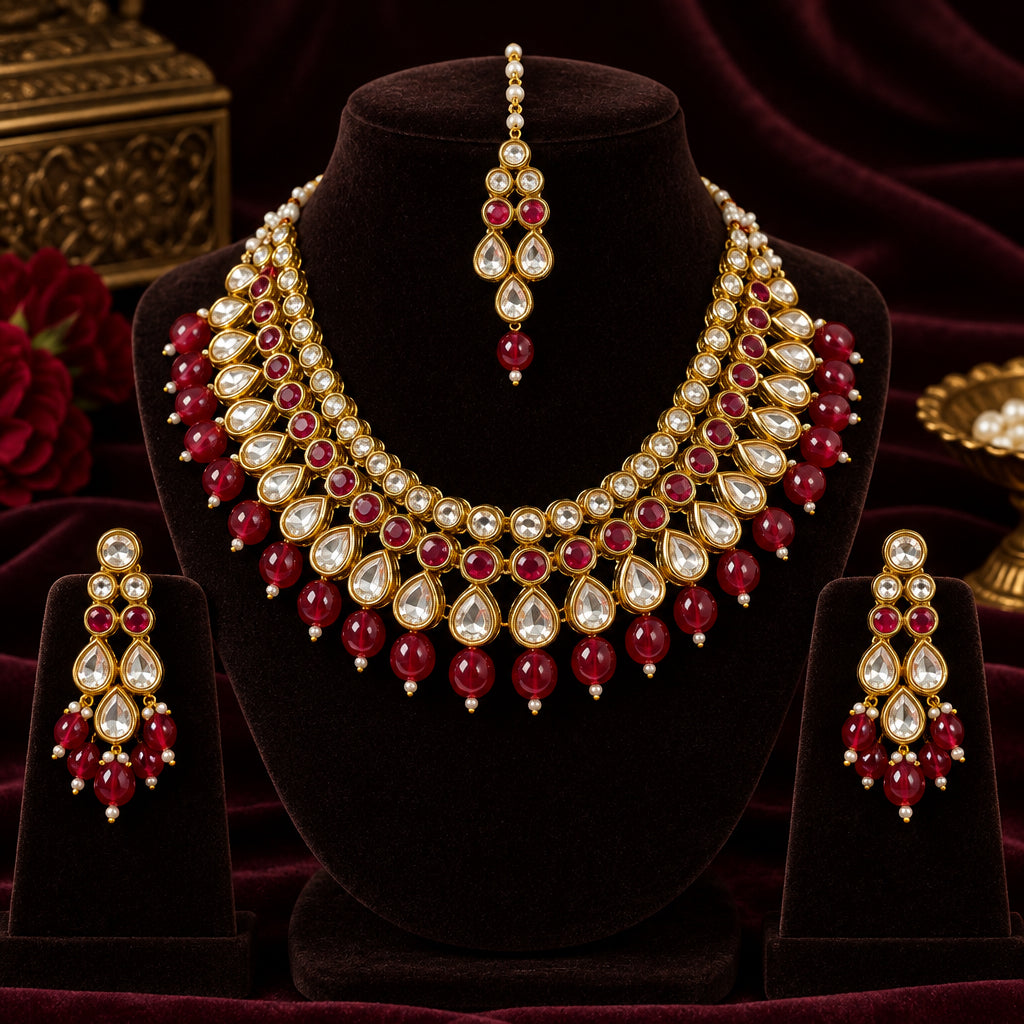Exquisite Polki-Inspired Ruby Crimson Bridal Jewelry Set - Ghost Mannequin Studio View