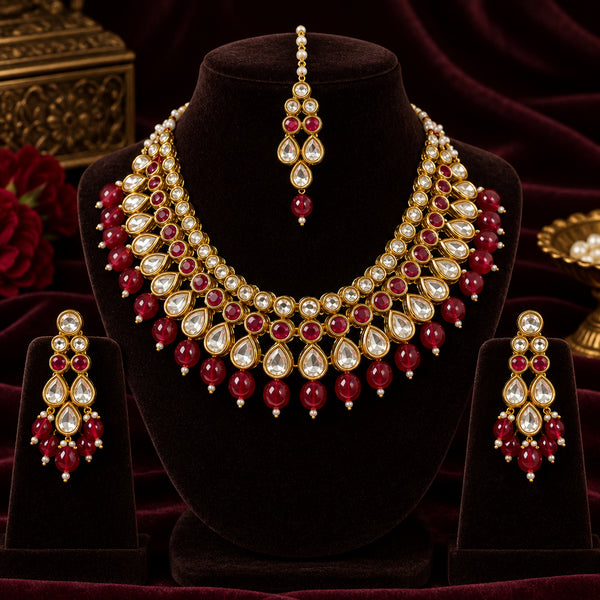 Exquisite Polki-Inspired Ruby Crimson Bridal Jewelry Set - Bridal Jewellery - Outfit Inspiration & Bridal Styling | Zubis Collection Frisco Showroom