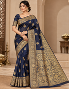 Navy blue saree with gold zari work