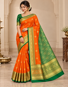 Orange saree with green and gold pallu