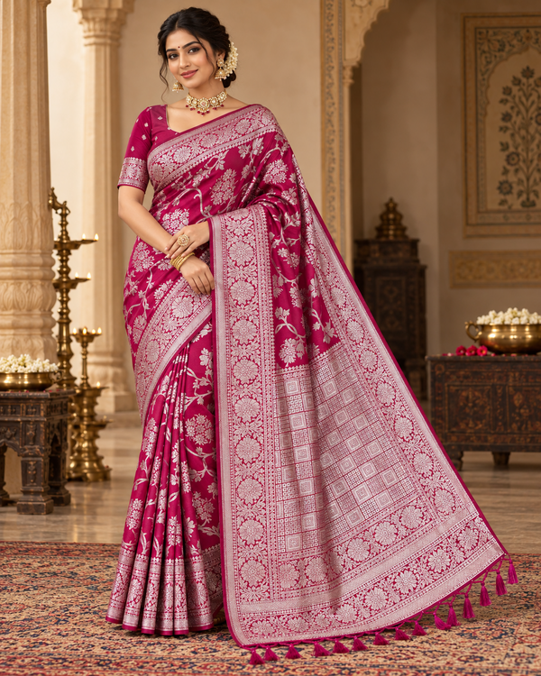 Magenta Floral Saree with Silver-Tone Border - sarees - Outfit Inspiration & Bridal Styling | Zubis Collection Frisco Showroom