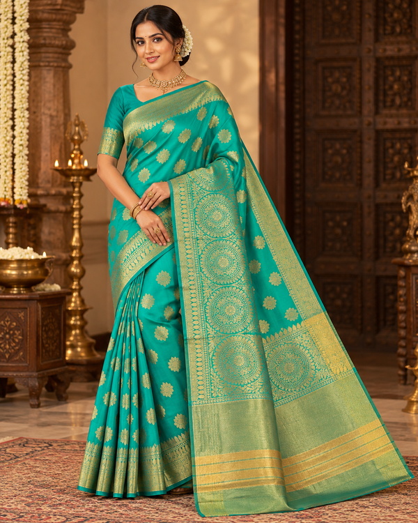 Women's Teal Green & Gold Floral Festive Saree – Unstitched Blouse - sarees - Outfit Inspiration & Bridal Styling | Zubis Collection Frisco Showroom