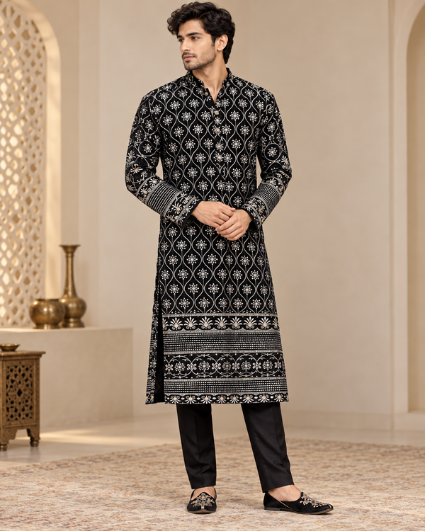 Men’s Black Kurta with Silver-Tone Floral Design - Men’s Kurta - Outfit Inspiration & Bridal Styling | Zubis Collection Frisco Showroom
