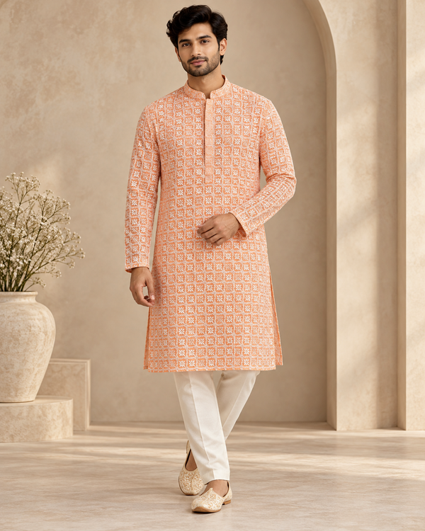 Men's Elegant Peach Printed Kurta – Traditional Festive Wear - Men's Kurta - Outfit Inspiration & Bridal Styling | Zubis Collection Frisco Showroom