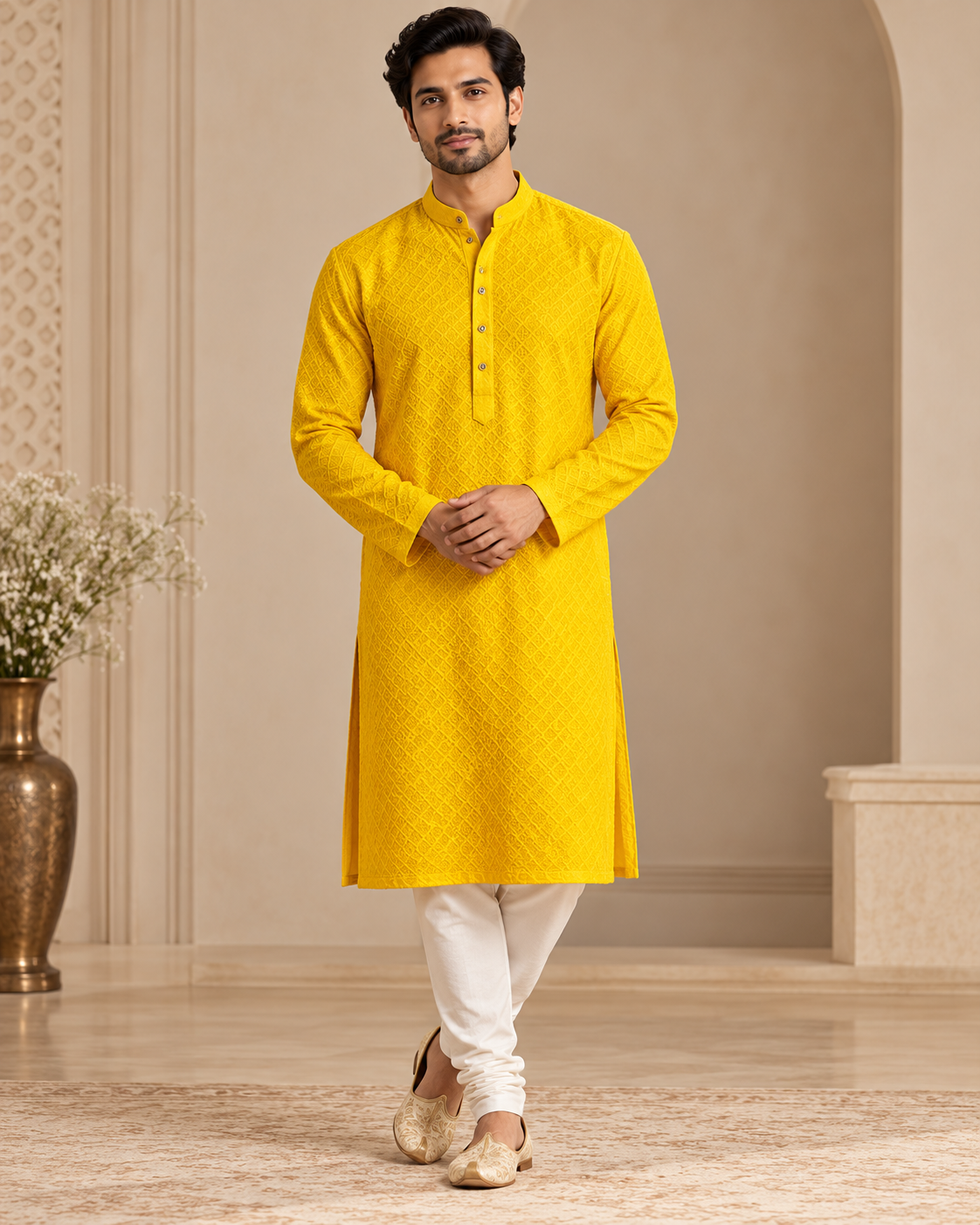 Men's bright yellow textured kurta with ivory pajama