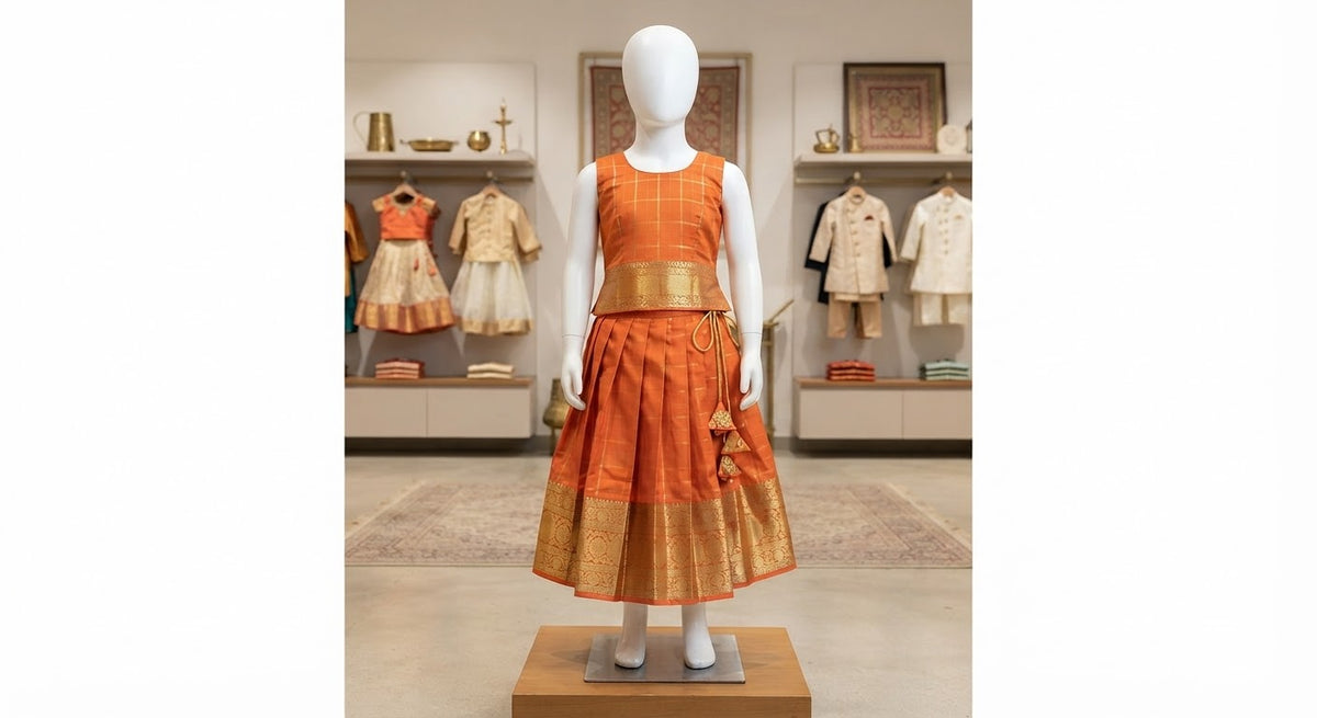 Traditional Orange & Gold Zari Check Kids Pattu Pavadai - kids collection - South Asian Bridal & Groom Outfit Inspiration | Zubis Collection Frisco Showroom
