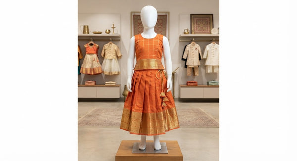 Traditional Orange & Gold Zari Check Kids Pattu Pavadai - kids collection - Outfit Inspiration & Bridal Styling | Zubis Collection Frisco Showroom