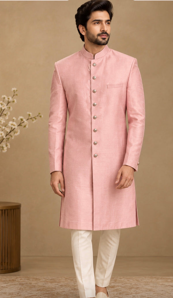 Imperial Blush Rose Gold Handcrafted Zardozi Royal Sherwani Set - Mens Collection - Outfit Inspiration & Bridal Styling | Zubis Collection Frisco Showroom