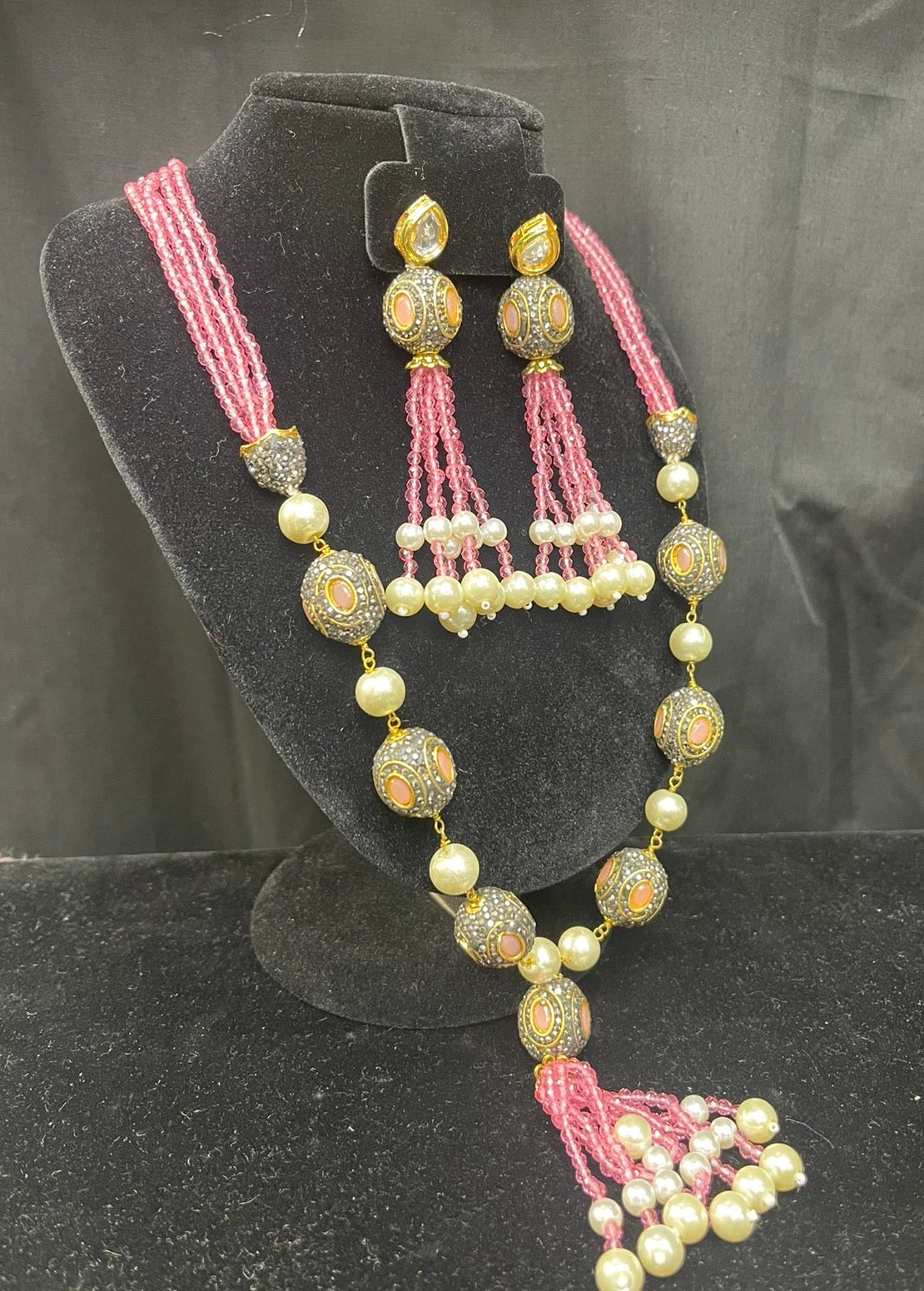 Pink Beaded Pearl Tassel Necklace Set - Bridal Jewelry Sets - South Asian Bridal & Groom Outfit Inspiration | Zubis Collection Frisco Showroom