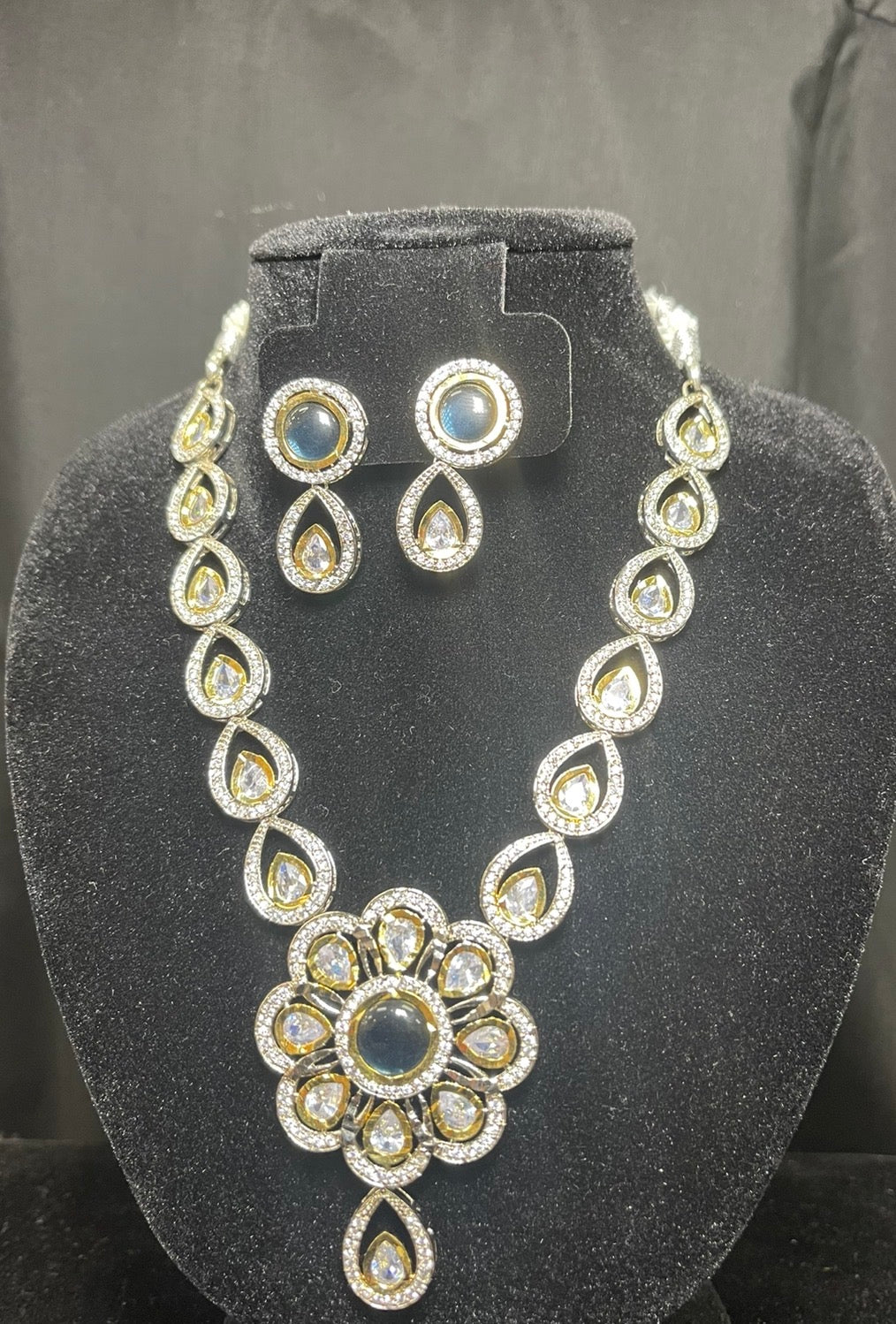 Blue Stone Floral Necklace Set - Bridal Jewelry Sets - South Asian Bridal & Groom Outfit Inspiration | Zubis Collection Frisco Showroom