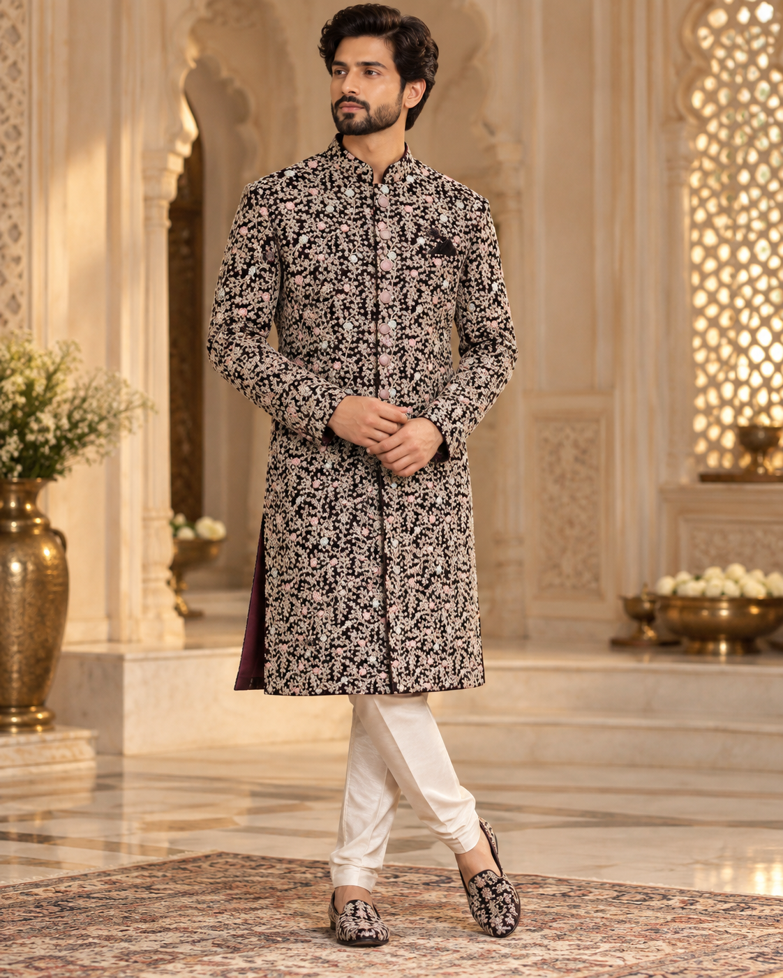 Men’s black sherwani with blush and ivory floral patterns, paired with ivory pajama