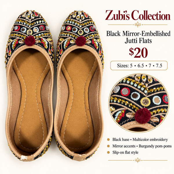 Black Mirror-Embellished Embroidered Jutti Flats - Jutti Flats - Outfit Inspiration & Bridal Styling | Zubis Collection Frisco Showroom