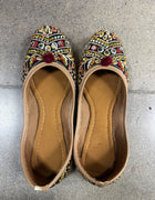 Black mirror-embellished embroidered jutti flats with burgundy pom-poms