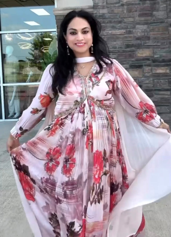 Blush Pink Floral Anarkali Gown with Matching Dupatta - Anarkali Gown - Outfit Inspiration & Bridal Styling | Zubis Collection Frisco Showroom