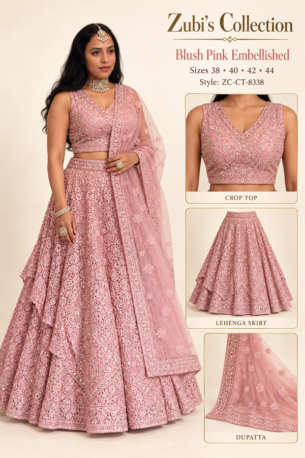 Blush Pink Embellished Crop Top Lehenga Set - Crop Top Lehenga Set - Outfit Inspiration & Bridal Styling | Zubis Collection Frisco Showroom