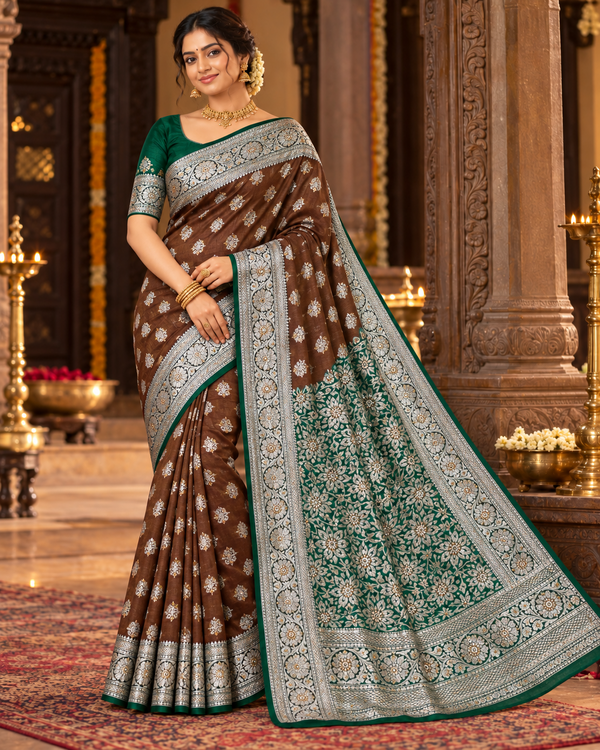 Women's Chocolate Brown & Emerald Green Floral Border Saree – Unstitched Blouse - Saree - Outfit Inspiration & Bridal Styling | Zubis Collection Frisco Showroom