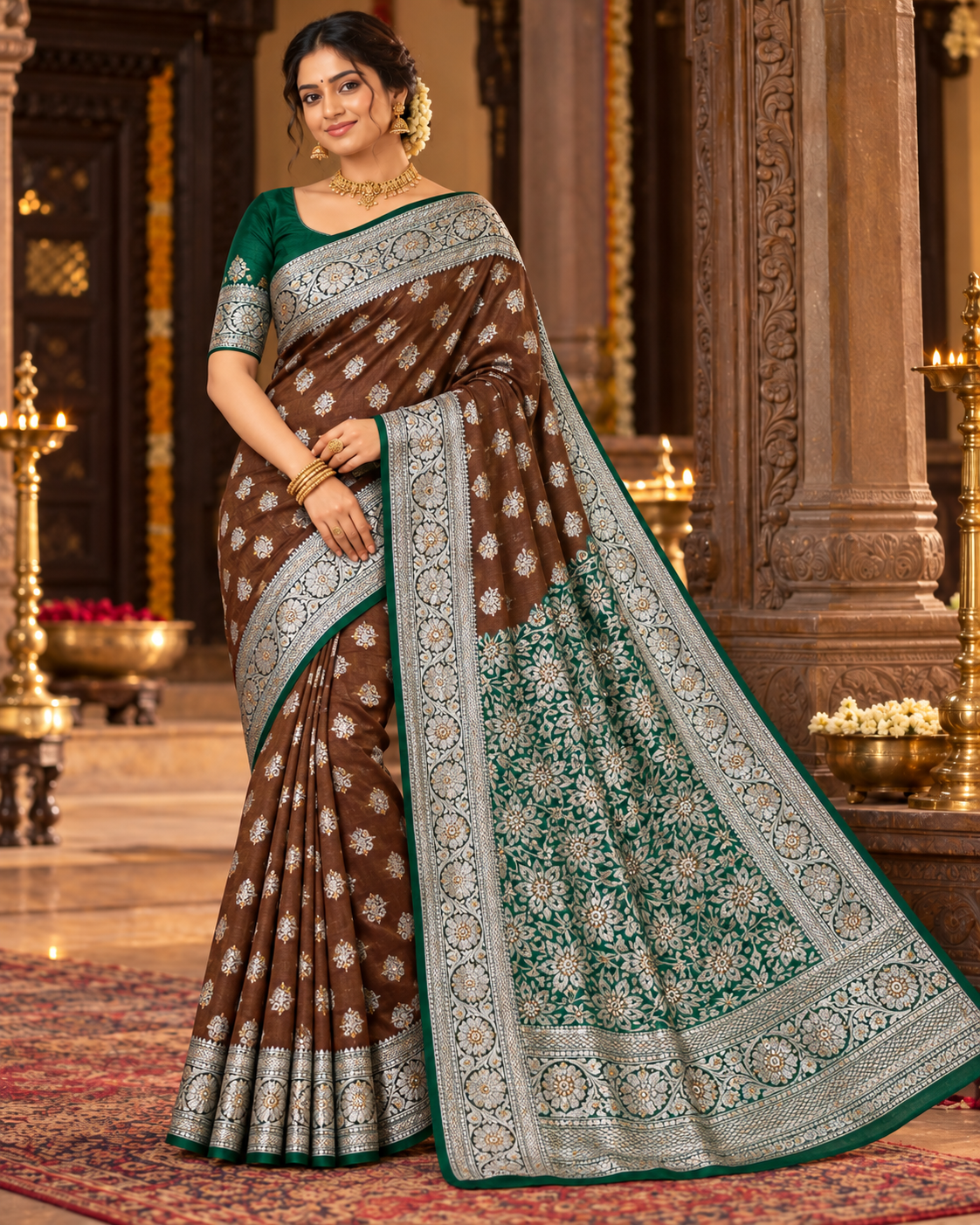 Chocolate brown and emerald green saree with silver-tone floral border and matching unstitched blouse piece