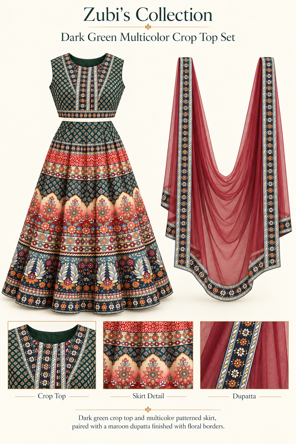 Dark green crop top and multicolor skirt with separate maroon dupatta character sheet