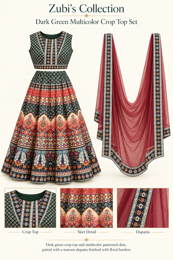 Dark Green Multicolor Crop Top Set with Maroon Dupatta - Crop Top Lehenga Set - Outfit Inspiration & Bridal Styling | Zubis Collection Frisco Showroom