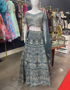 Dark Teal Embellished Crop Top Lehenga Set with Dupatta - View Angle 1 - Bridal Outfit Inspiration | Zubis Collection