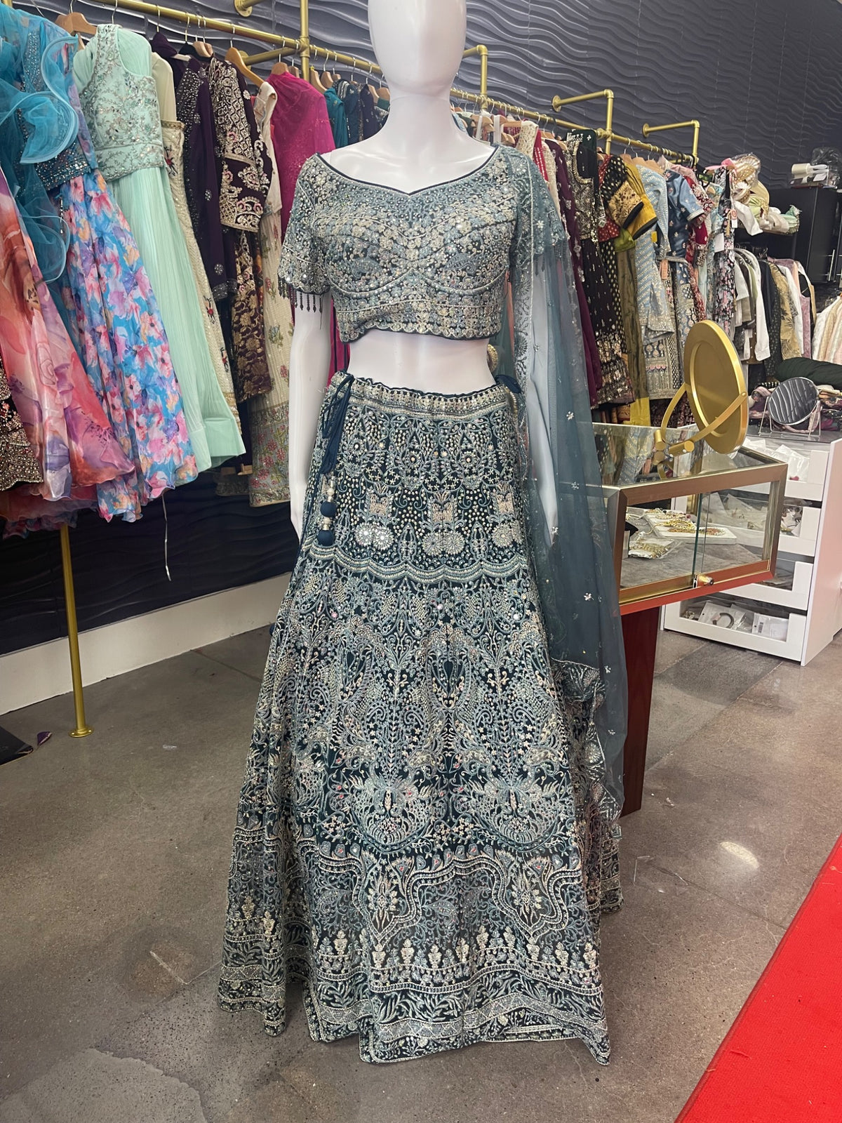 Dark Teal Embellished Crop Top Lehenga Set with Dupatta - Crop Top Lehenga Set - South Asian Bridal & Groom Outfit Inspiration | Zubis Collection Frisco Showroom