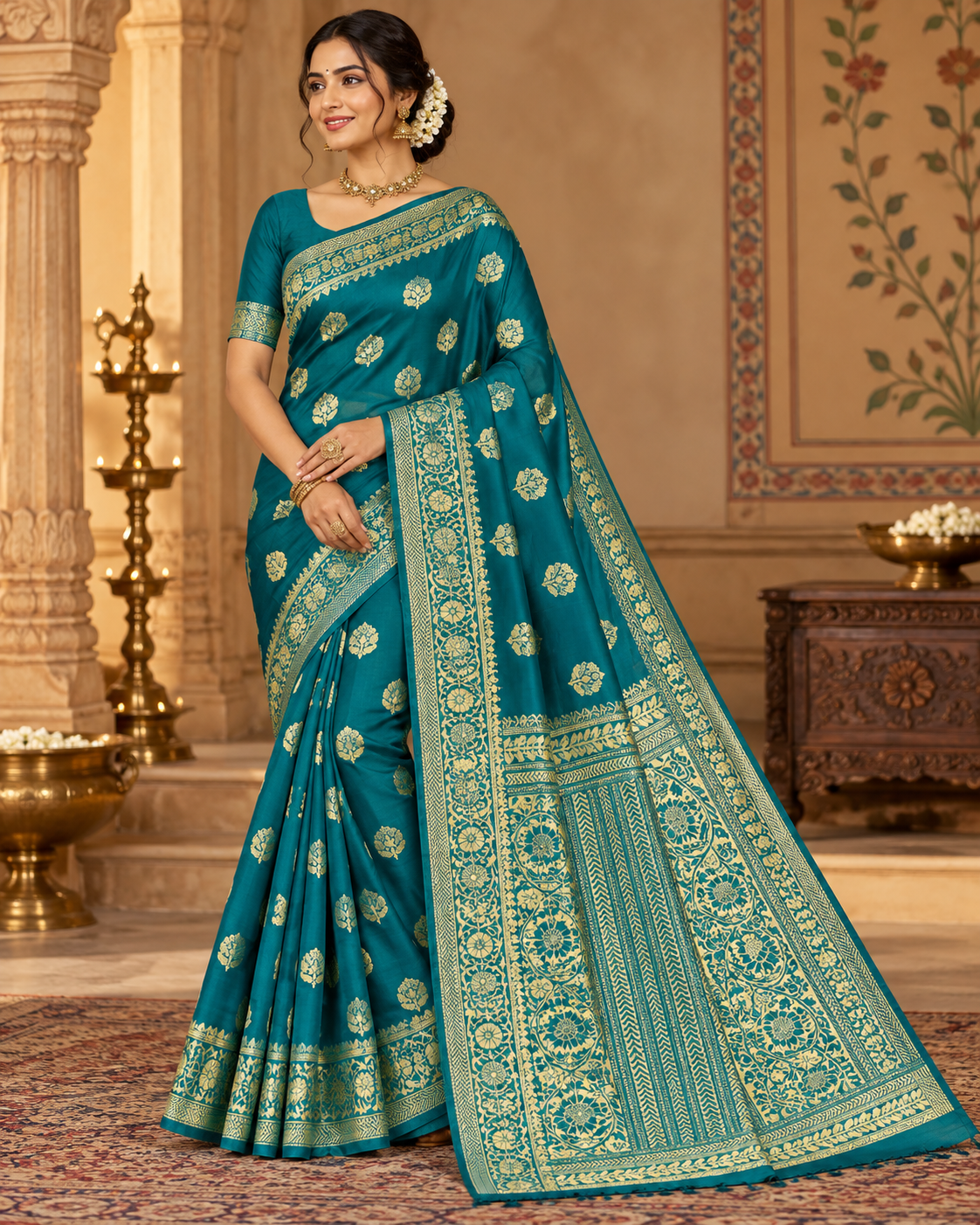 Deep teal blue green saree with gold floral motifs and ornate gold pallu, includes unstitched blouse piece