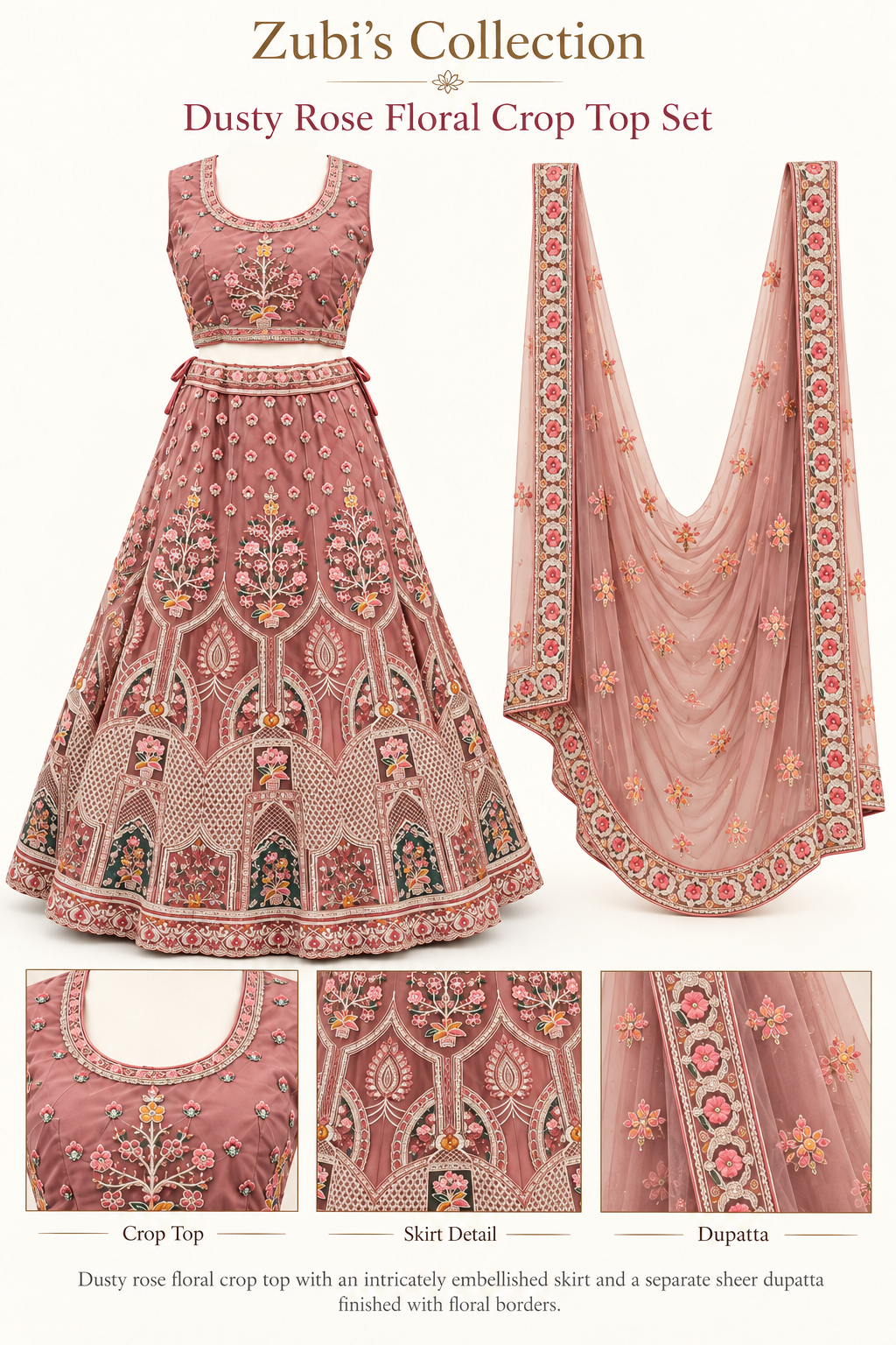 Dusty rose floral crop top, skirt and separate dupatta character sheet