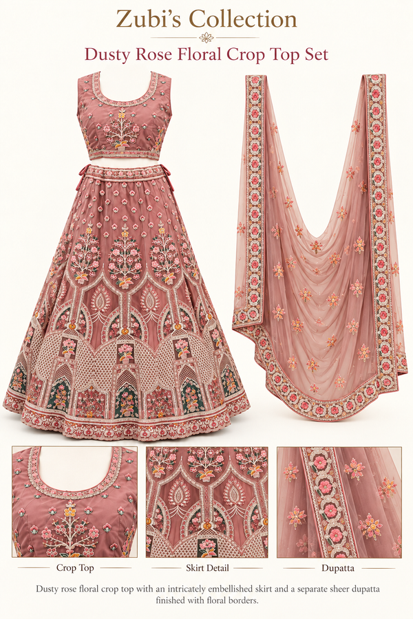Dusty Rose Floral Crop Top Lehenga Set with Dupatta - Crop Top Lehenga Set - Outfit Inspiration & Bridal Styling | Zubis Collection Frisco Showroom