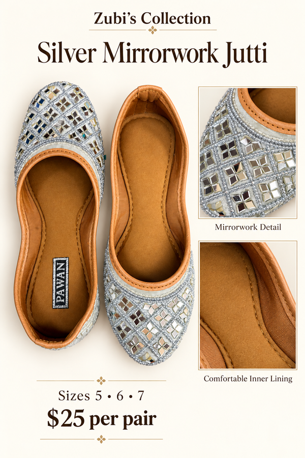 Silver Mirrorwork Jutti - Traditional Shoes - Outfit Inspiration & Bridal Styling | Zubis Collection Frisco Showroom
