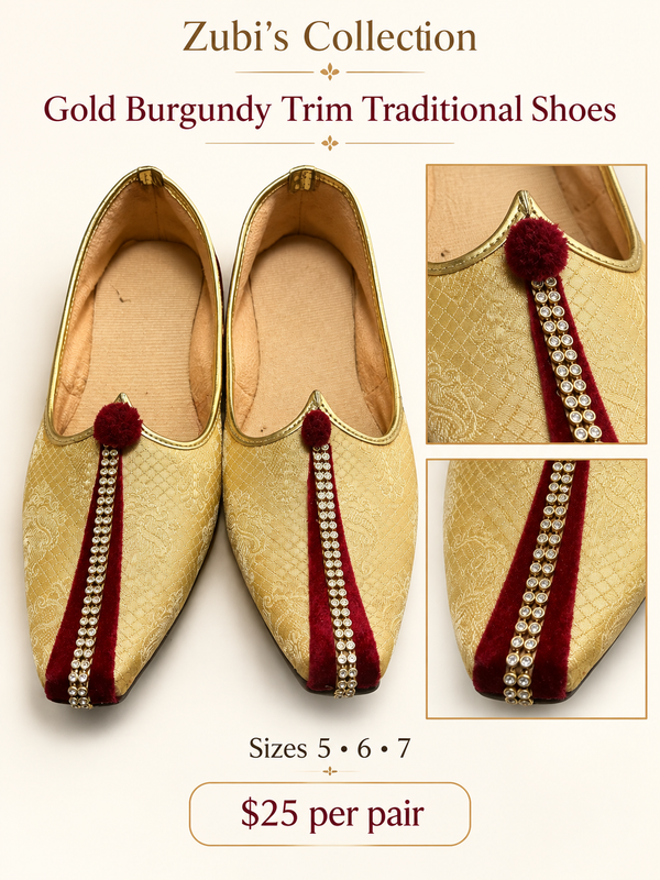 Gold Burgundy Trim Traditional Shoes - Traditional Shoes - Outfit Inspiration & Bridal Styling | Zubis Collection Frisco Showroom