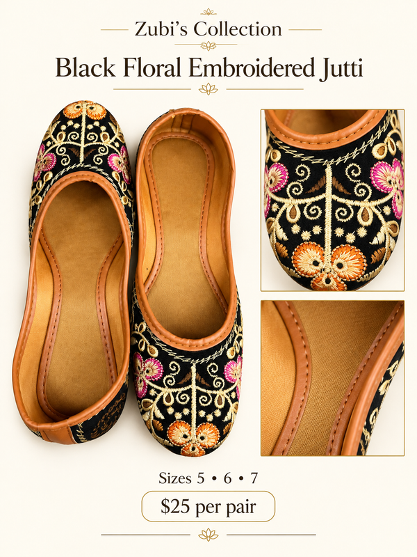 Black Floral Embroidered Jutti - Traditional Shoes - Outfit Inspiration & Bridal Styling | Zubis Collection Frisco Showroom