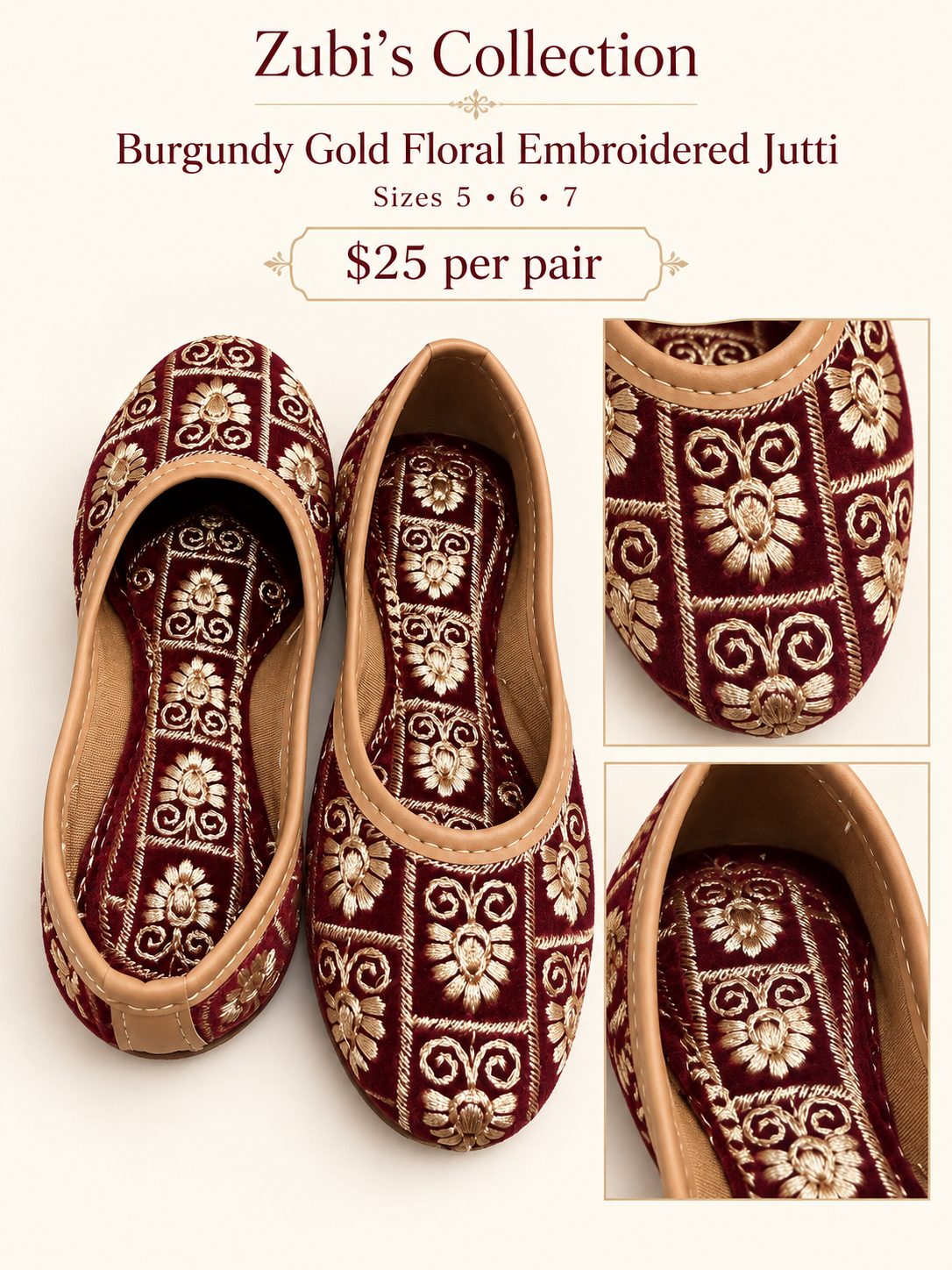 Burgundy Gold Floral Embroidered Jutti character sheet