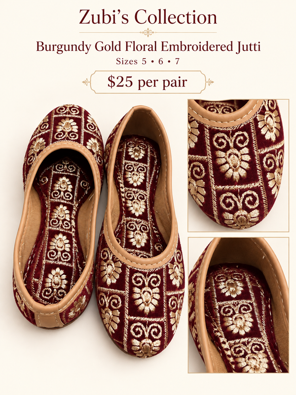 Burgundy Gold Floral Embroidered Jutti - Jutti - Outfit Inspiration & Bridal Styling | Zubis Collection Frisco Showroom