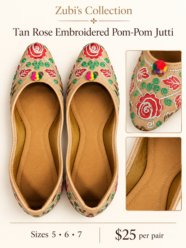 Tan Rose Embroidered Pom-Pom Jutti - Traditional Shoes - Outfit Inspiration & Bridal Styling | Zubis Collection Frisco Showroom
