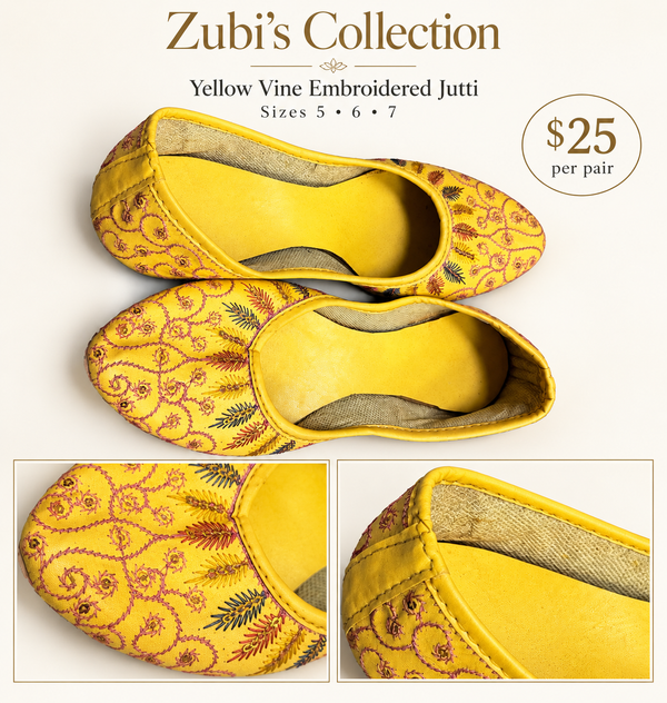 Yellow Vine Embroidered Jutti - Jutti - Outfit Inspiration & Bridal Styling | Zubis Collection Frisco Showroom