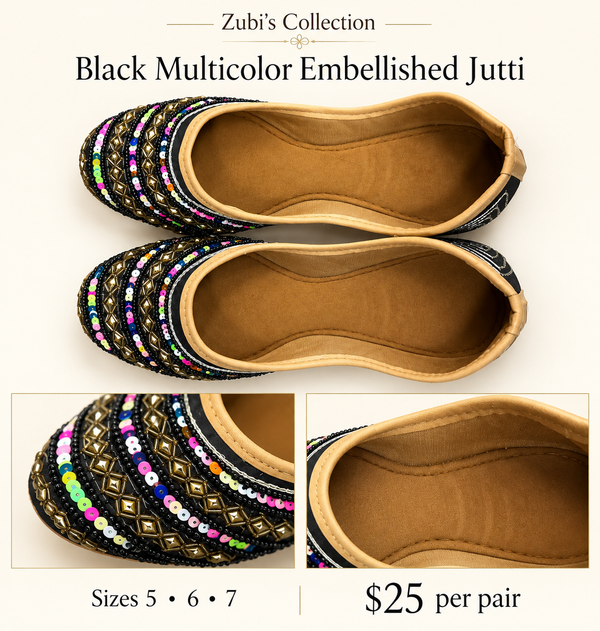 Black Multicolor Embellished Jutti - Traditional Shoes - Outfit Inspiration & Bridal Styling | Zubis Collection Frisco Showroom