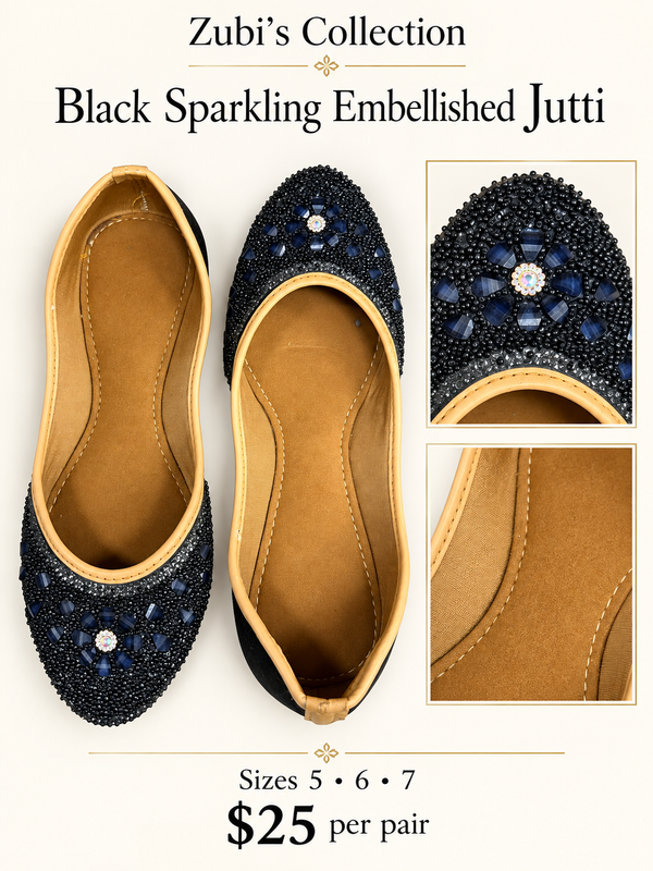Black Sparkling Embellished Jutti - Traditional Shoes - Outfit Inspiration & Bridal Styling | Zubis Collection Frisco Showroom
