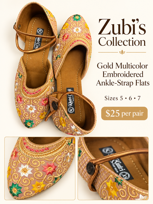 Gold Multicolor Embroidered Ankle-Strap Flats - Traditional Shoes - Outfit Inspiration & Bridal Styling | Zubis Collection Frisco Showroom