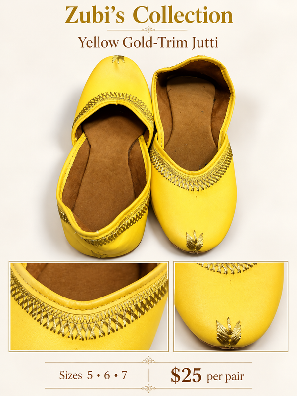 Yellow Gold-Trim Jutti - Jutti - Outfit Inspiration & Bridal Styling | Zubis Collection Frisco Showroom