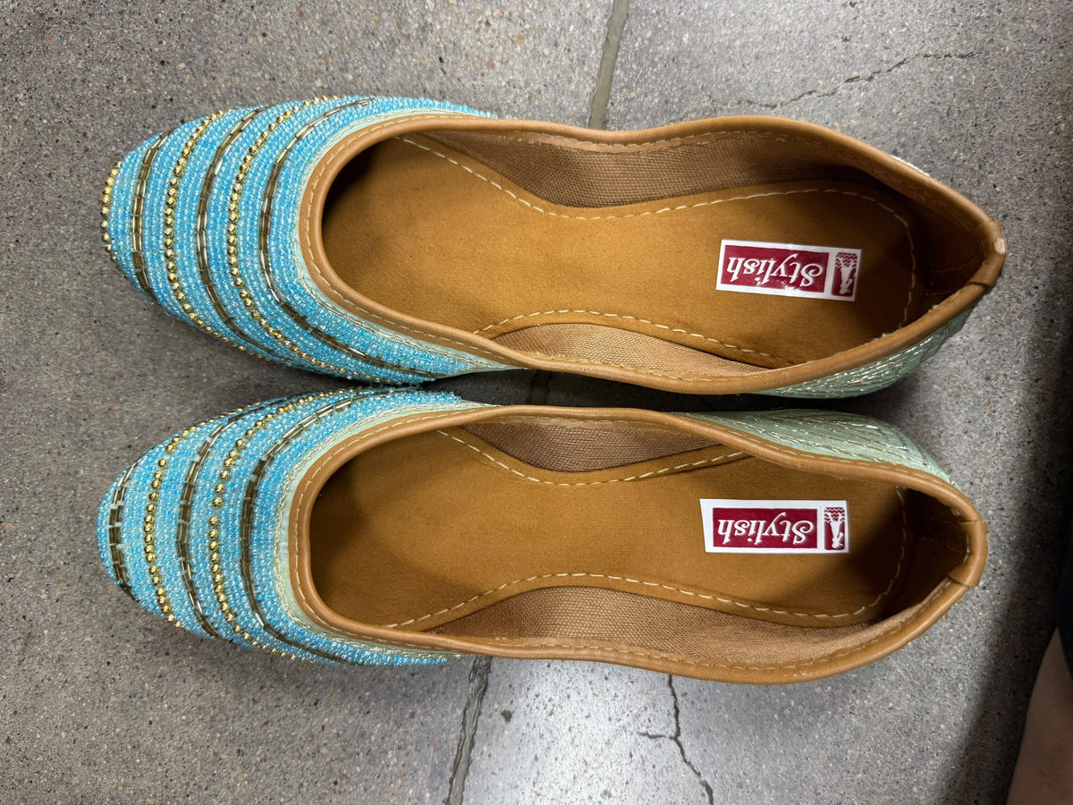 Aqua & Gold Beaded Juttis - Juttis - South Asian Bridal & Groom Outfit Inspiration | Zubis Collection Frisco Showroom