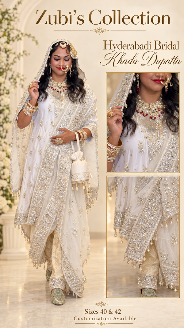 Ivory Hyderabadi Bridal Khada Dupatta - Bridal - Outfit Inspiration & Bridal Styling | Zubis Collection Frisco Showroom